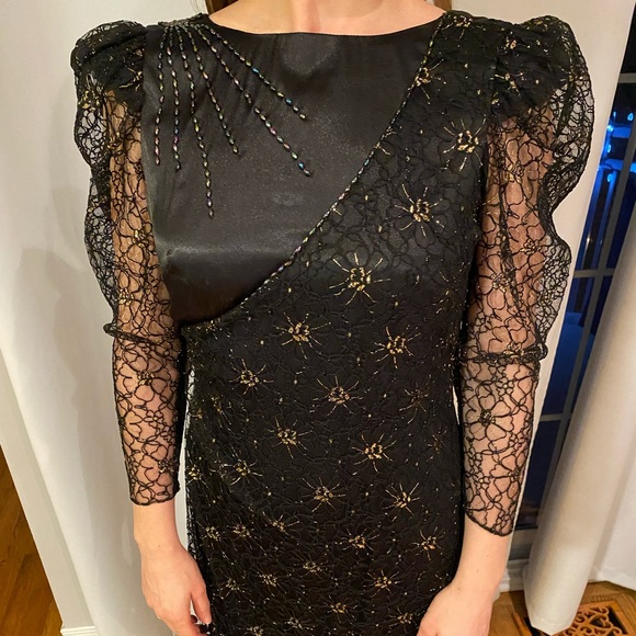 VINTAGE Black Satin Dress Printed Lace Overlay and Gold Detail | Modern Size XS - Picture 3 of 8